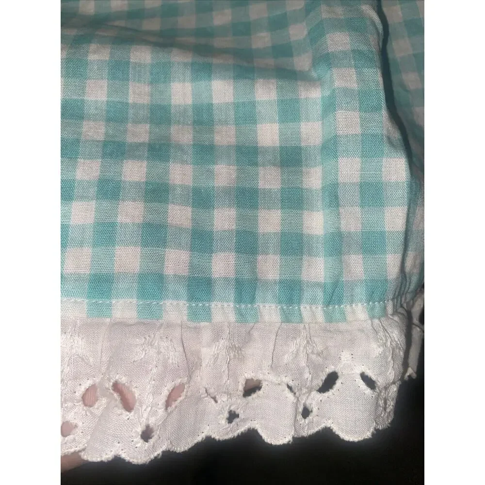 Vintage Handmade Green & White Gingham Apron w/Eyelet Lace Trim Pocket One Size